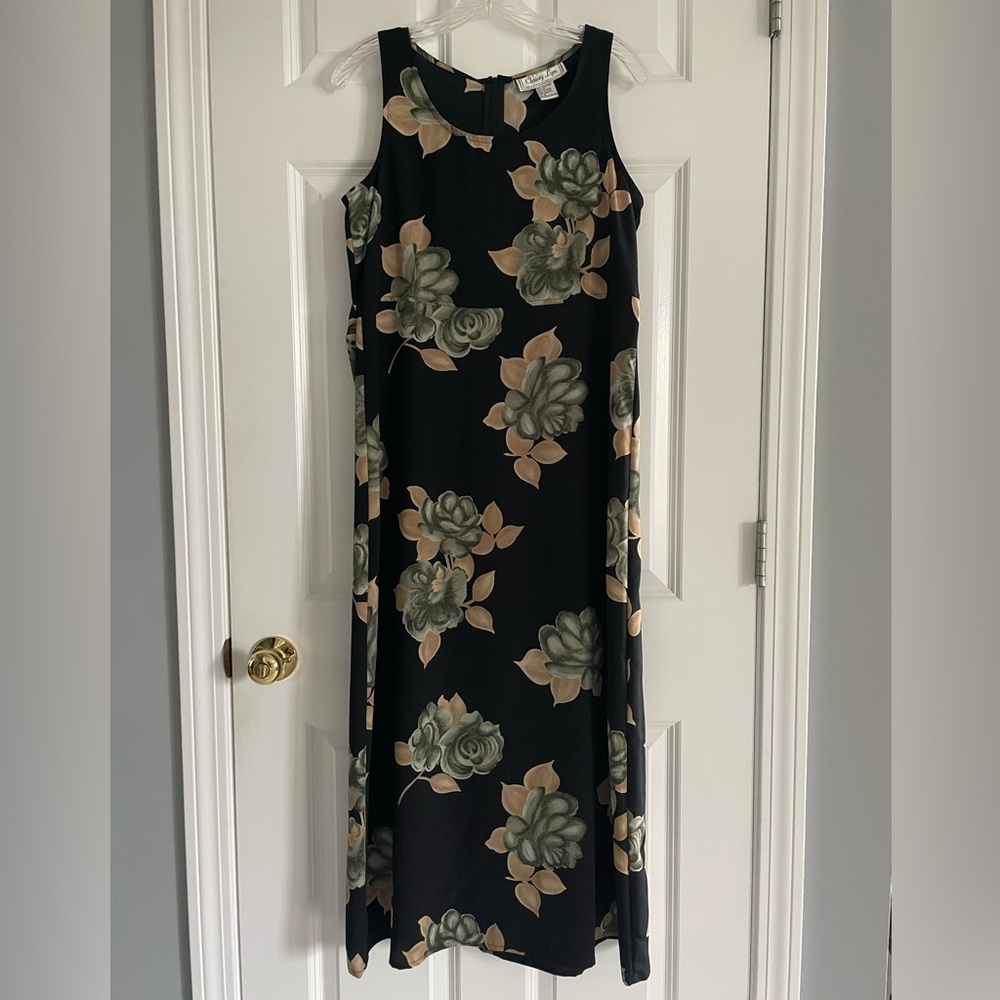 Vtg Y2K Maxi Dress 8 Black Floral Dark Fairy Whimsigoth Cottage Romantic Grunge